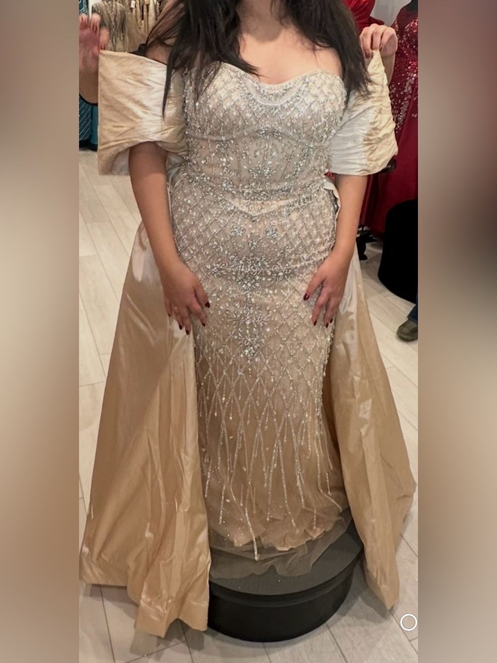 Embellished Champagne Evening Gown with Draped Cape - Picture 3 of 6